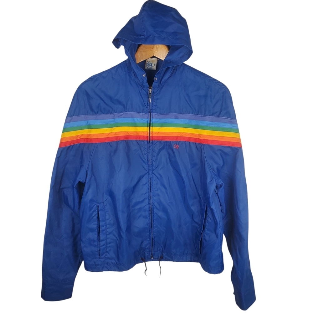 80s OP Blue Windbreaker with Rainbow Stripe. SMALL. #244 - Picture 1 of 15